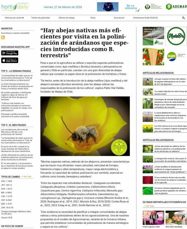 Cobertura sobre abejas nativas y agricultura en HortiDaily