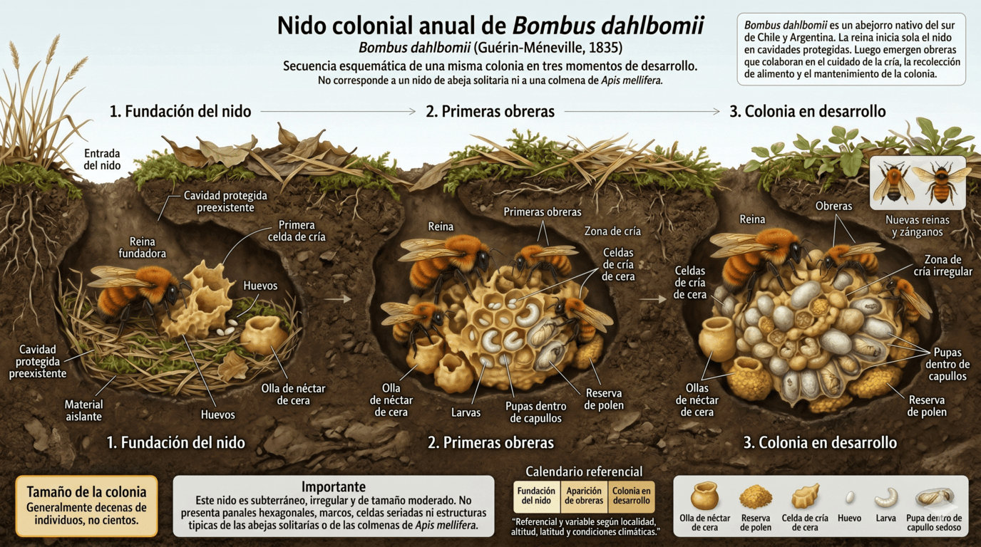 Infografía del ciclo de vida anual de Bombus dahlbomii, con reina, obreras, machos, nuevas reinas y término del nido
