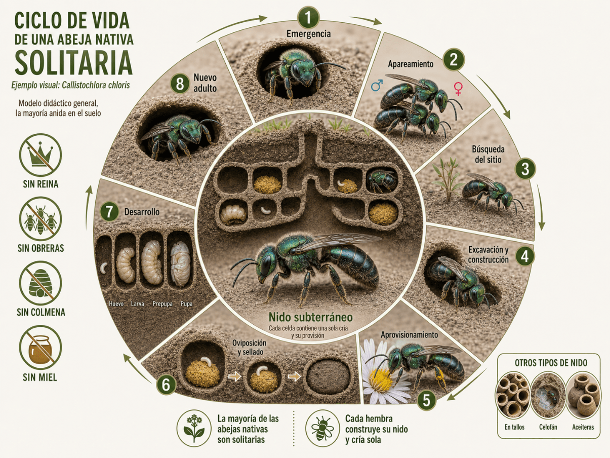 Infografía del ciclo de vida de las abejas solitarias, desde huevo, larva, prepupa, pupa y adulto