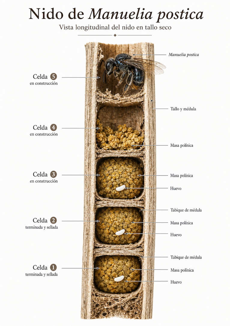 Infografía de Manuelia postica nidificando en tallos secos, con celdas lineales y tabiques de médula vegetal