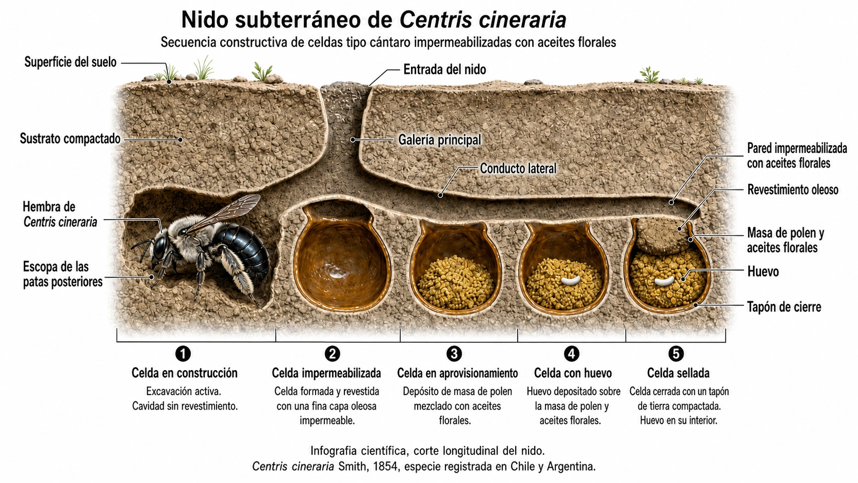 Infografía científica del nido de Centris cineraria, mostrando galerías, celdas, provisión larval y uso de aceites florales