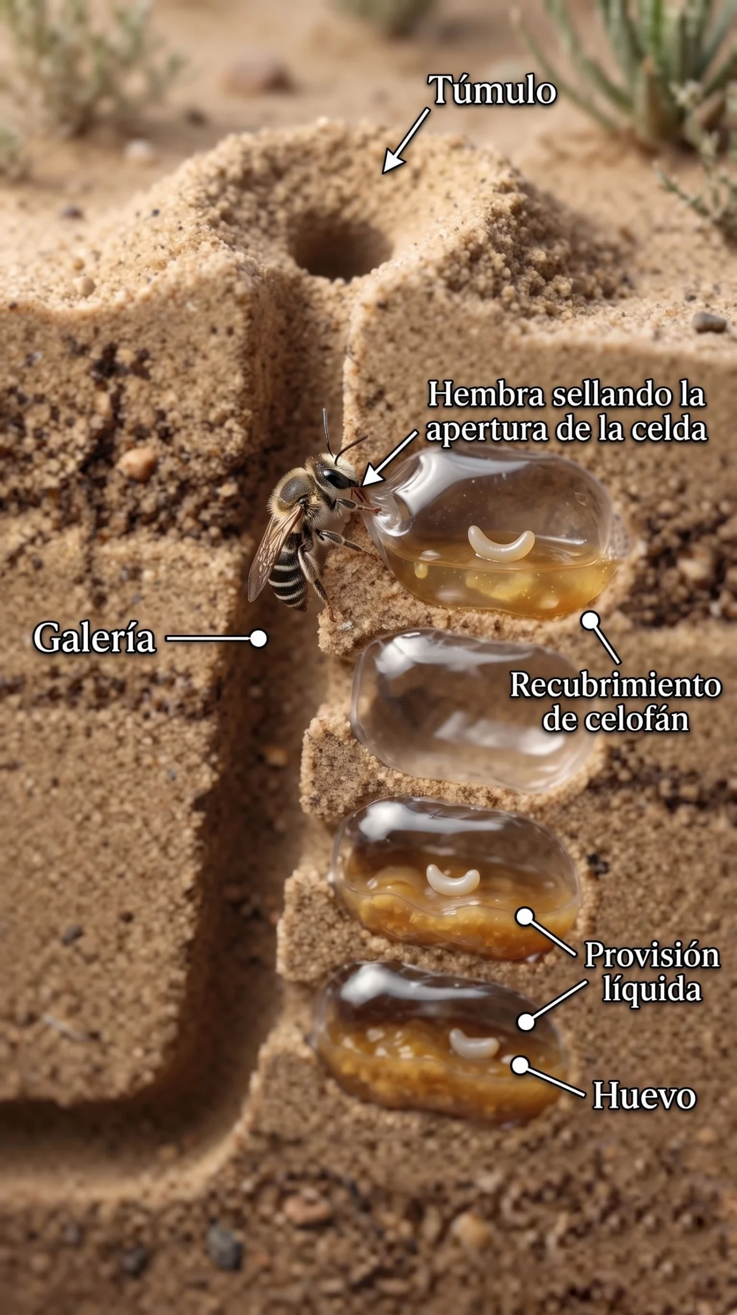 Reconstrucción didáctica de una celda de Colletes con recubrimiento impermeable y provisión larval