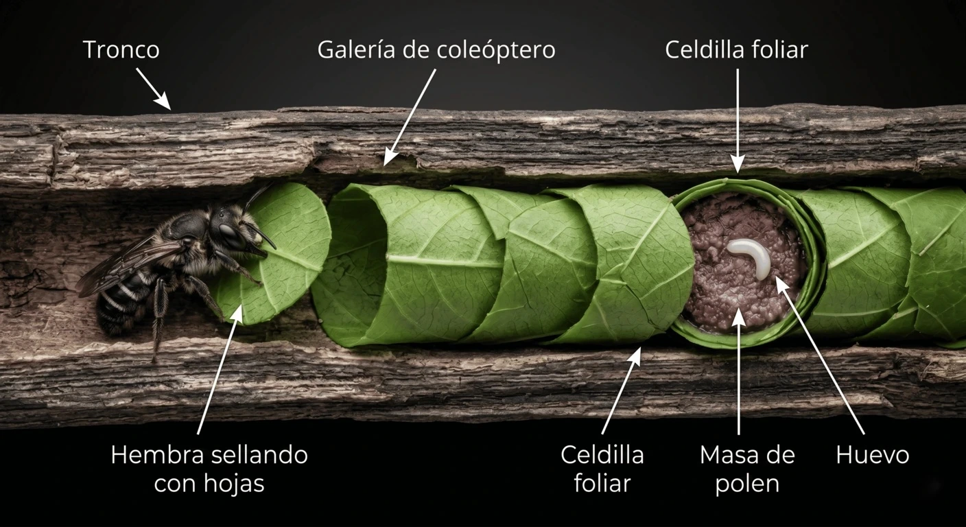 Reconstrucción educativa de una Megachile que construye celdas con fragmentos vegetales dentro de una cavidad