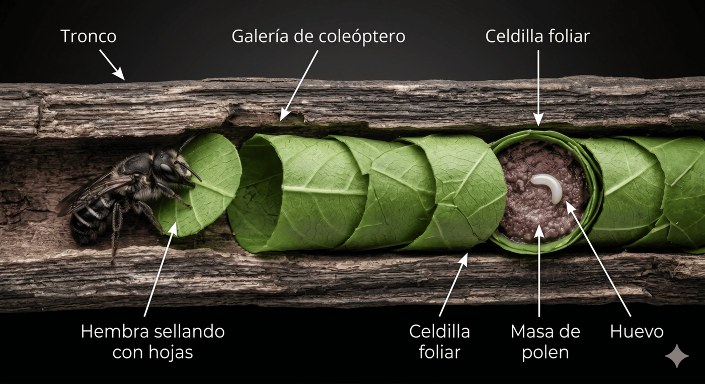 Infografía de nido de Megachile en galería, con celdas construidas con materiales vegetales