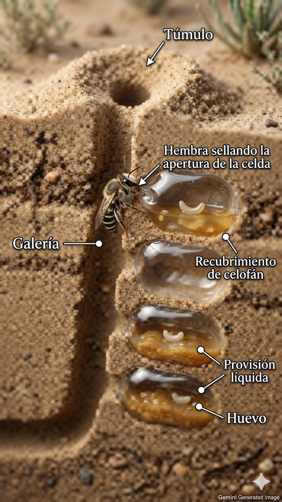 Infografía científica de nido de Colletidae o Colletes, con celdas impermeabilizadas por membrana tipo celofán y provisión líquida para la larva