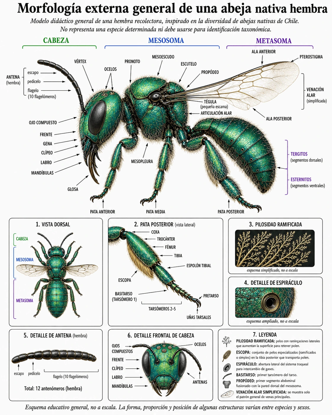 Infografía educativa de la morfología externa general de una abeja nativa hembra, con cabeza, mesosoma, metasoma, antenas, alas, patas y estructuras principales rotuladas