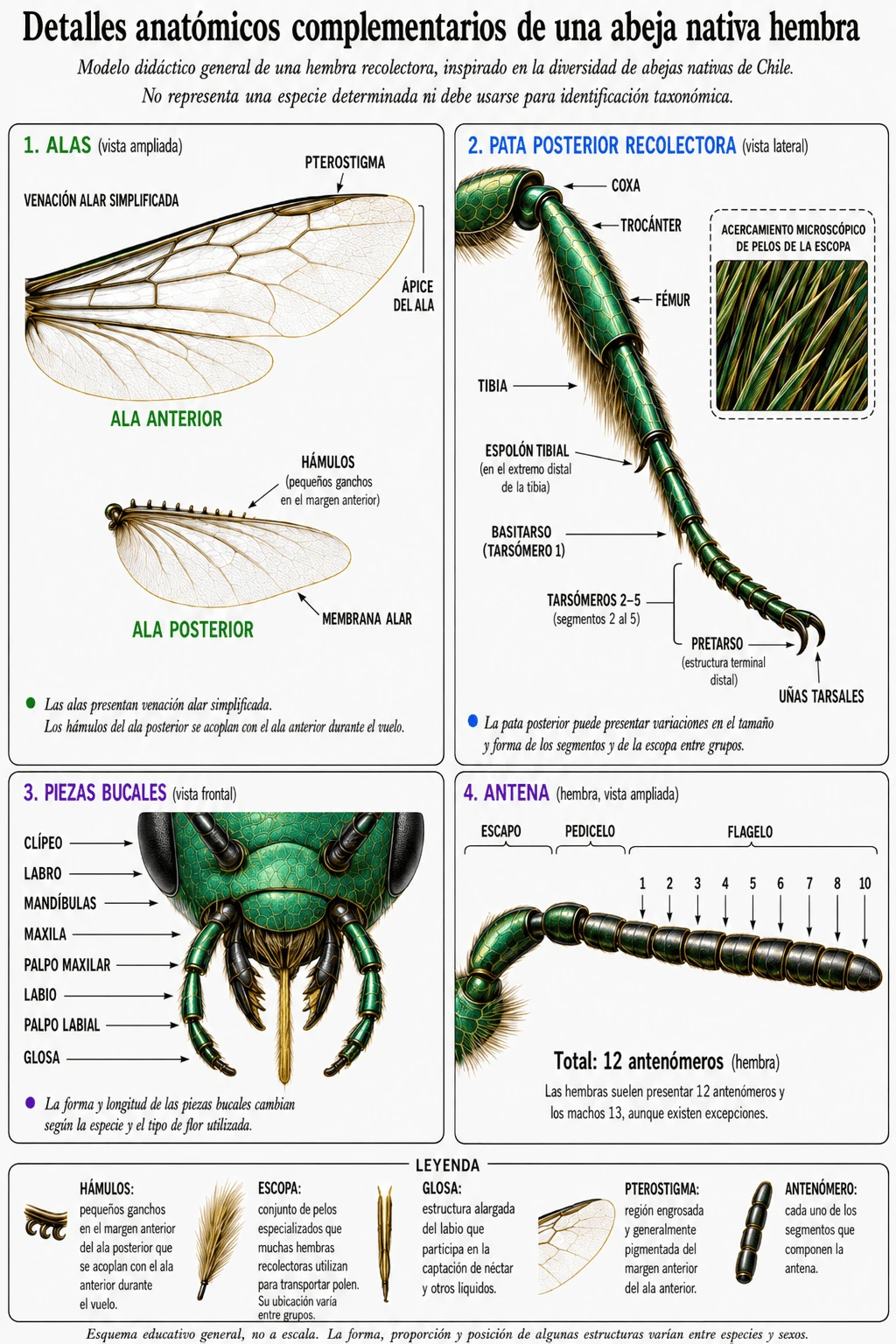 Infografía educativa de alas, hámulos, pata posterior recolectora, escopa, piezas bucales y antena de una abeja nativa hembra