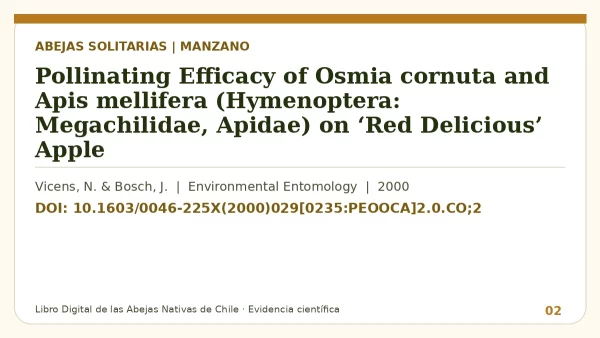 Título y DOI del estudio: Pollinating Efficacy of Osmia cornuta and Apis mellifera (Hymenoptera: Megachilidae, Apidae) on ‘Red Delicious’ Apple
