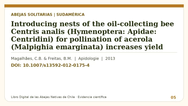 Título y DOI del estudio: Introducing nests of the oil-collecting bee Centris analis (Hymenoptera: Apidae: Centridini) for pollination of acerola (Malpighia emarginata) increases yield
